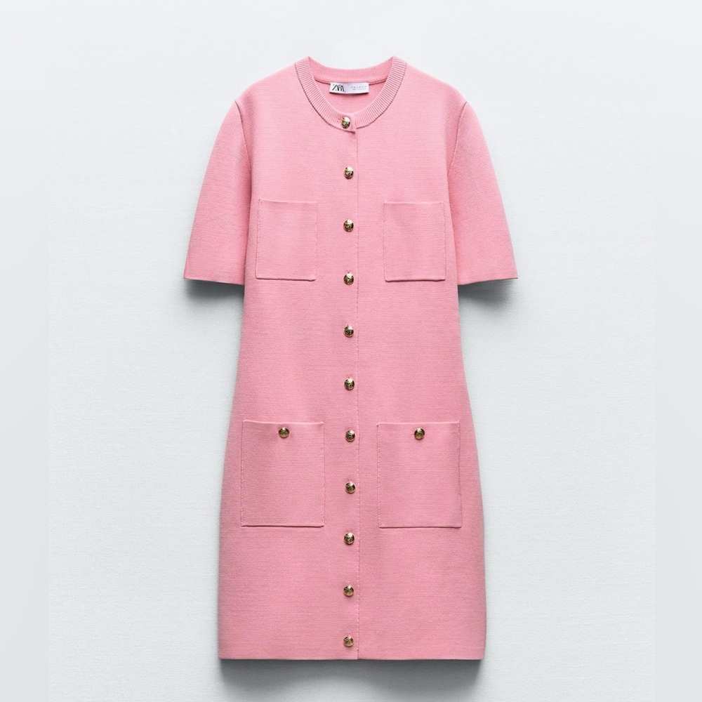 Zara Pink Knit Dress with Gold Buttons Size Large S/S2024 NWT not worn